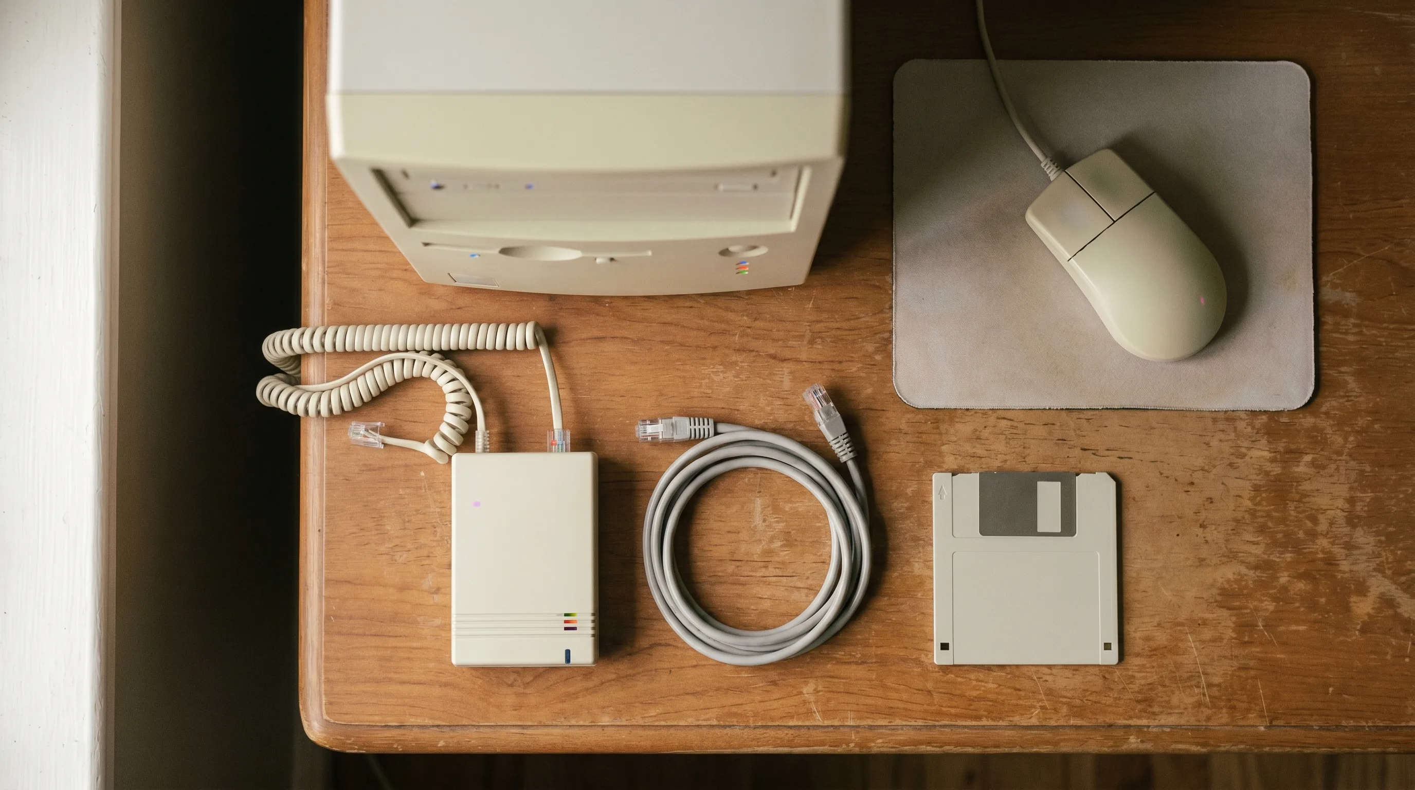 Late 1990s desktop computer and dial-up modem representing the early web era of Ask Jeeves.