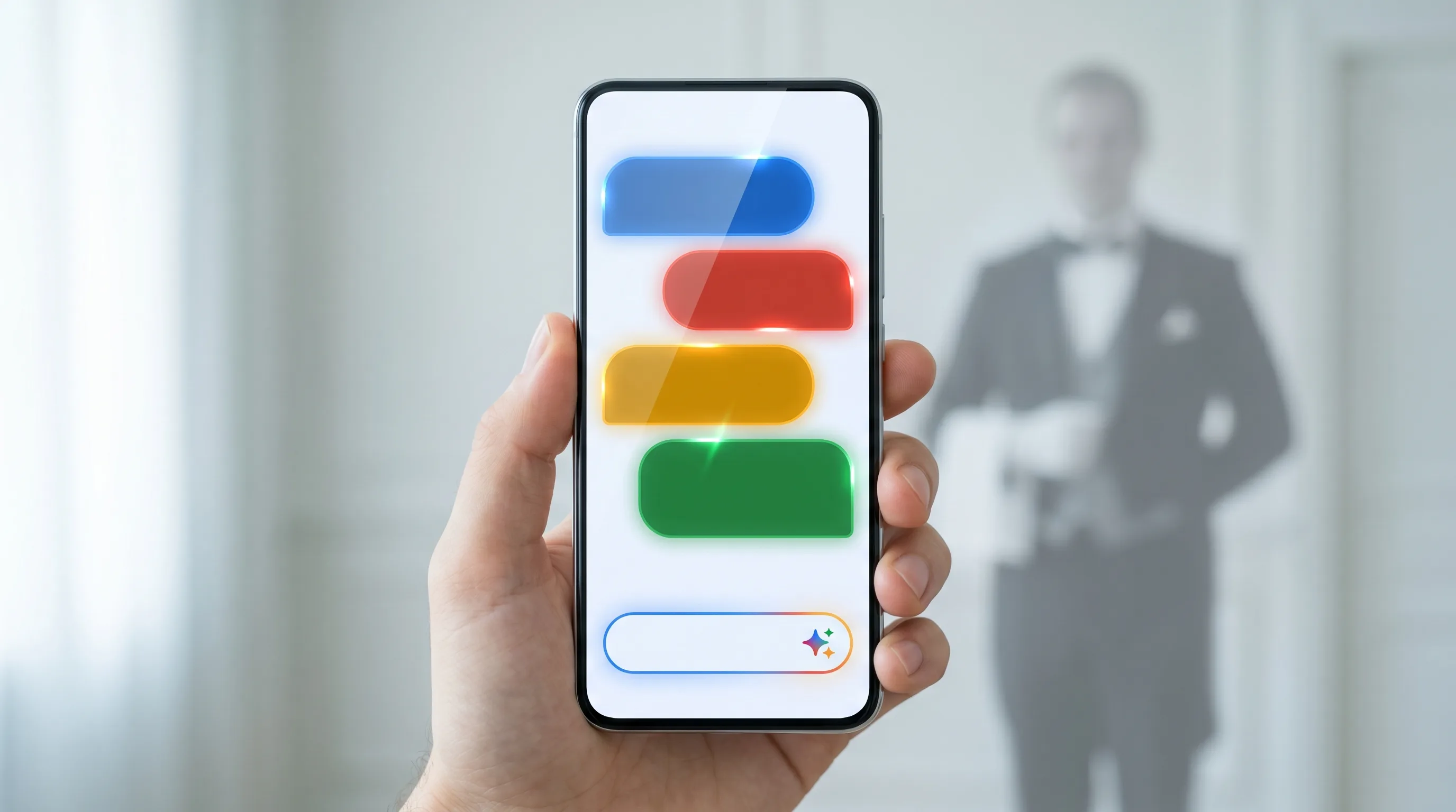 Modern conversational search interface with a faint butler silhouette, showing how natural-language search has gone mainstream.