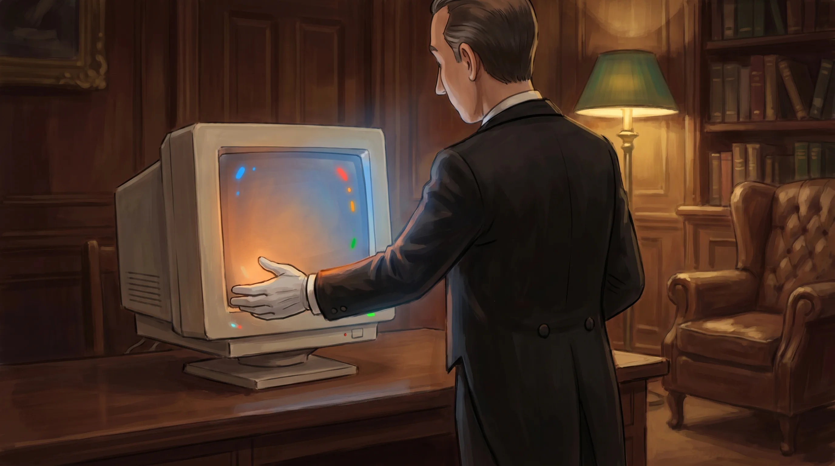 A cartoon butler switching off an old CRT monitor in a Victorian study, a fond farewell to Ask Jeeves.