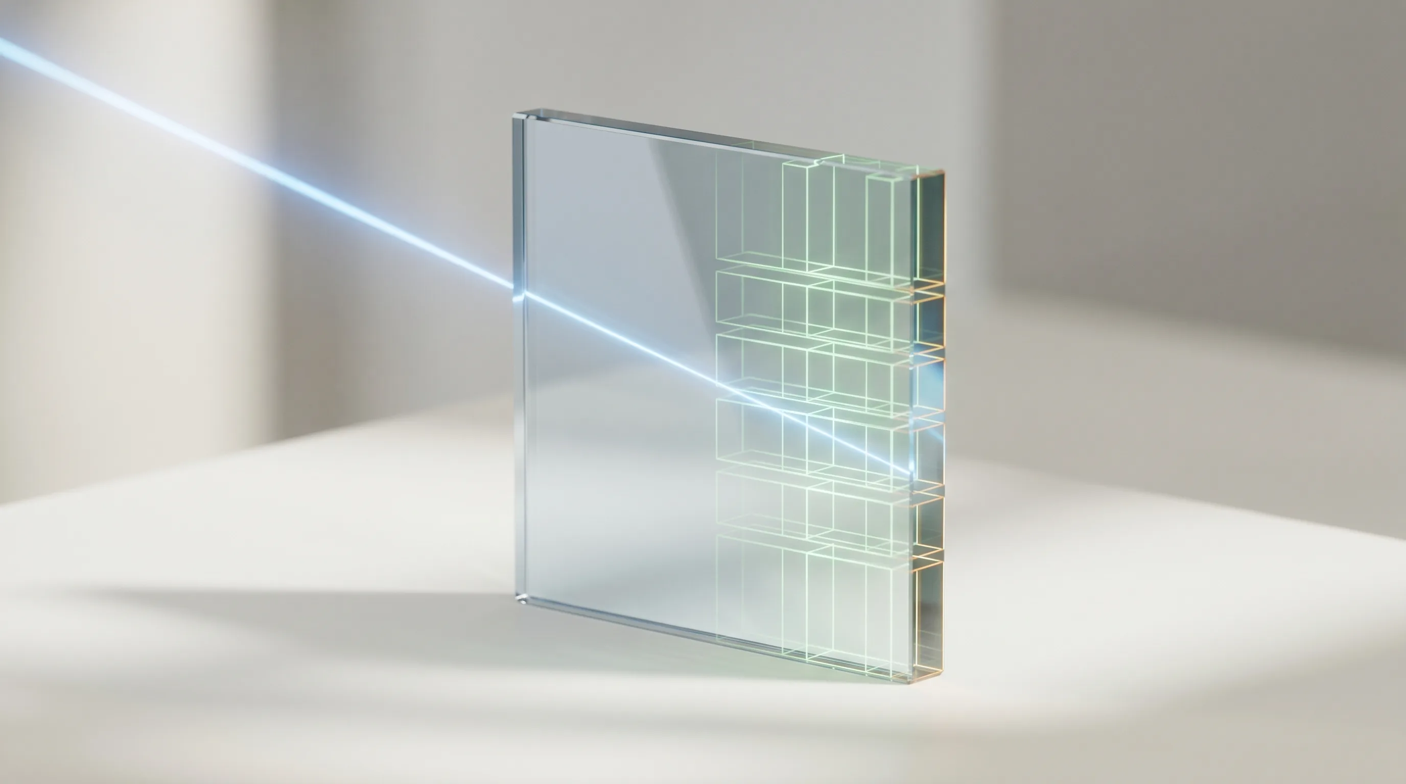 A beam of light passing through a glass pane and resolving it into a clean wireframe of stacked content blocks, illustrating that an AI agent reads a page’s structure rather than its visual design.