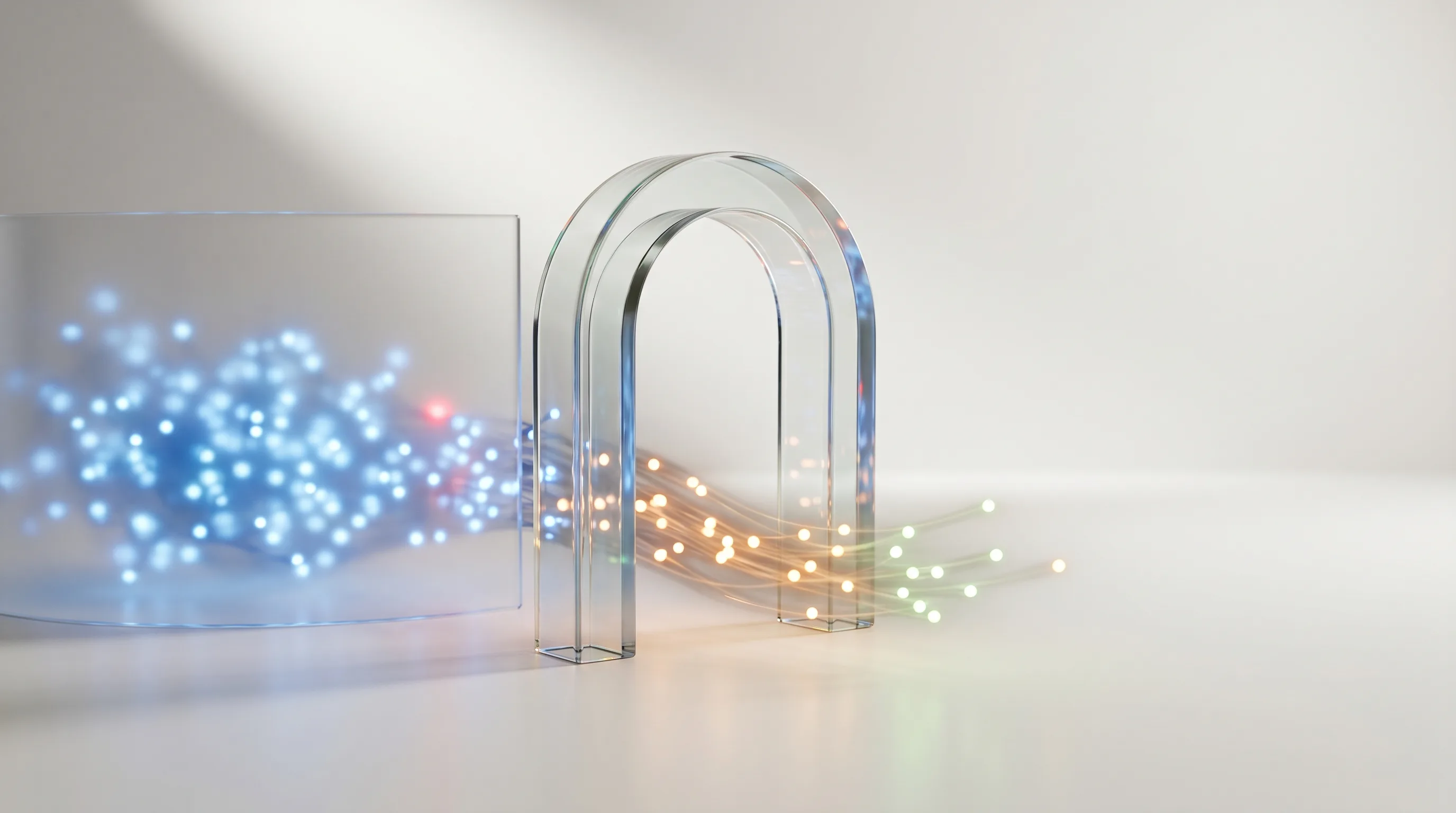A glass gateway with warm points of light flowing through it while a cooler crowd of points is held back behind a barrier, illustrating selective admission of automated crawlers.