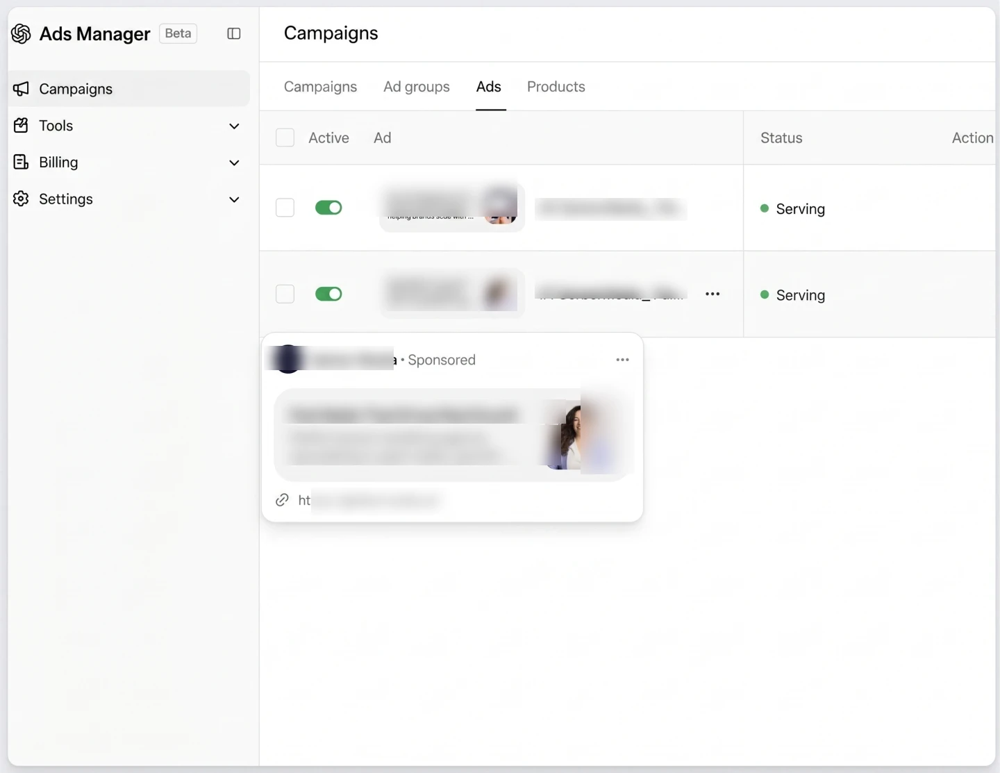 The ChatGPT Ads Manager beta interface: the Campaigns, Ad groups, Ads and Products tabs, two campaigns each with a green Active toggle and a live Serving status, and a sponsored Gerber Media ad preview below reading Paid Media That Drives Real Growth.