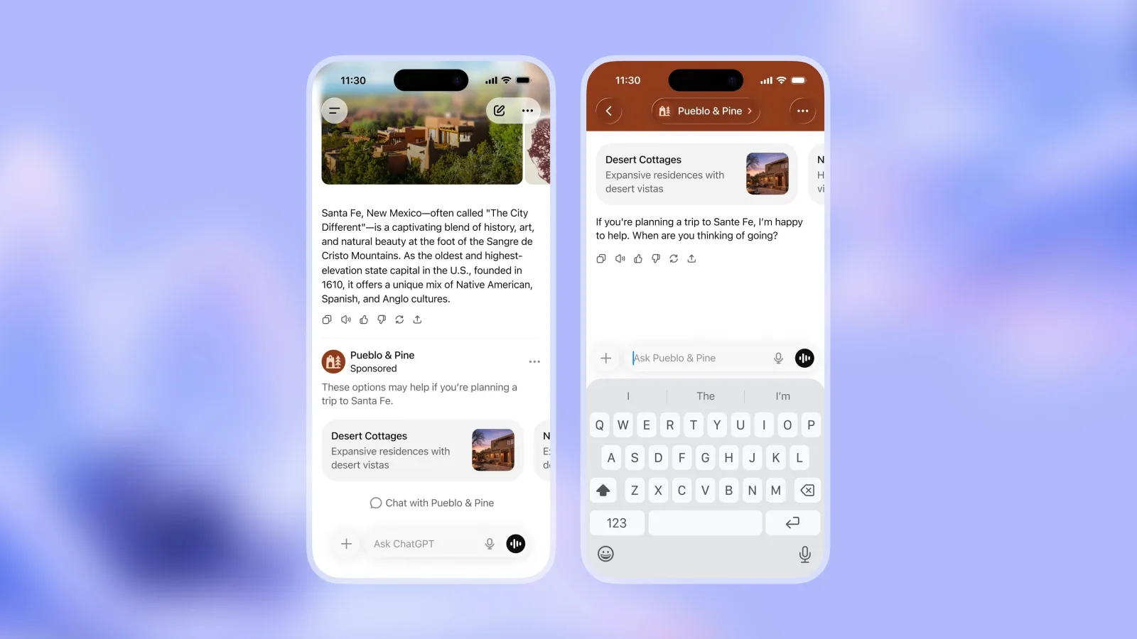 Two iPhone screens showing ChatGPT: a Santa Fe travel answer with a clearly labelled Sponsored ad from Pueblo & Pine beneath it, and a product carousel of desert cottages.