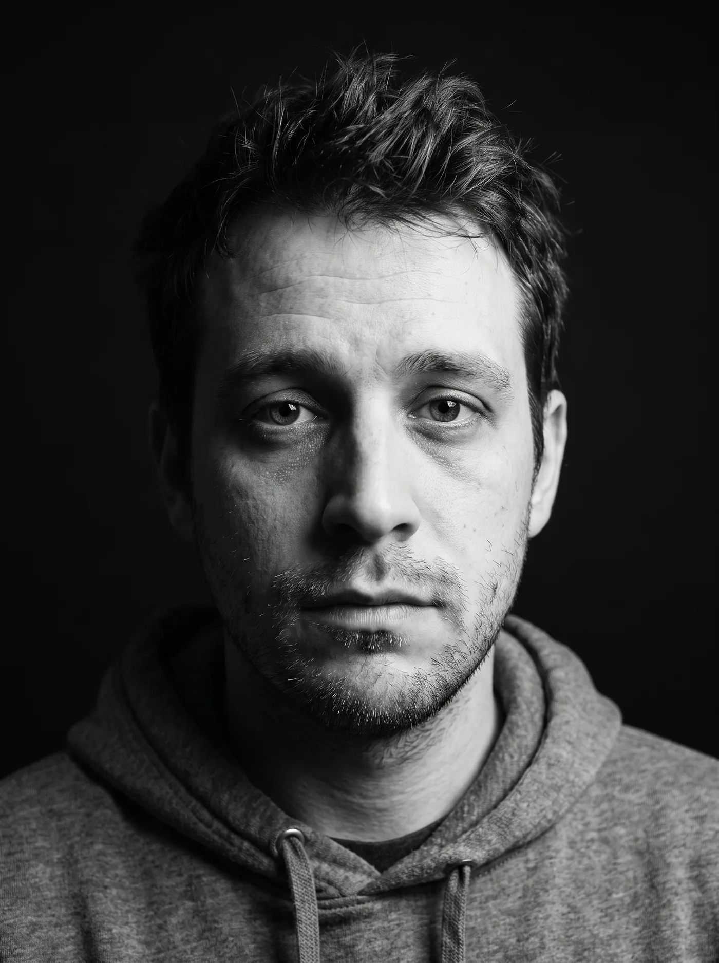 AI-edited fine-art black and white portrait of the same man against a dark background.