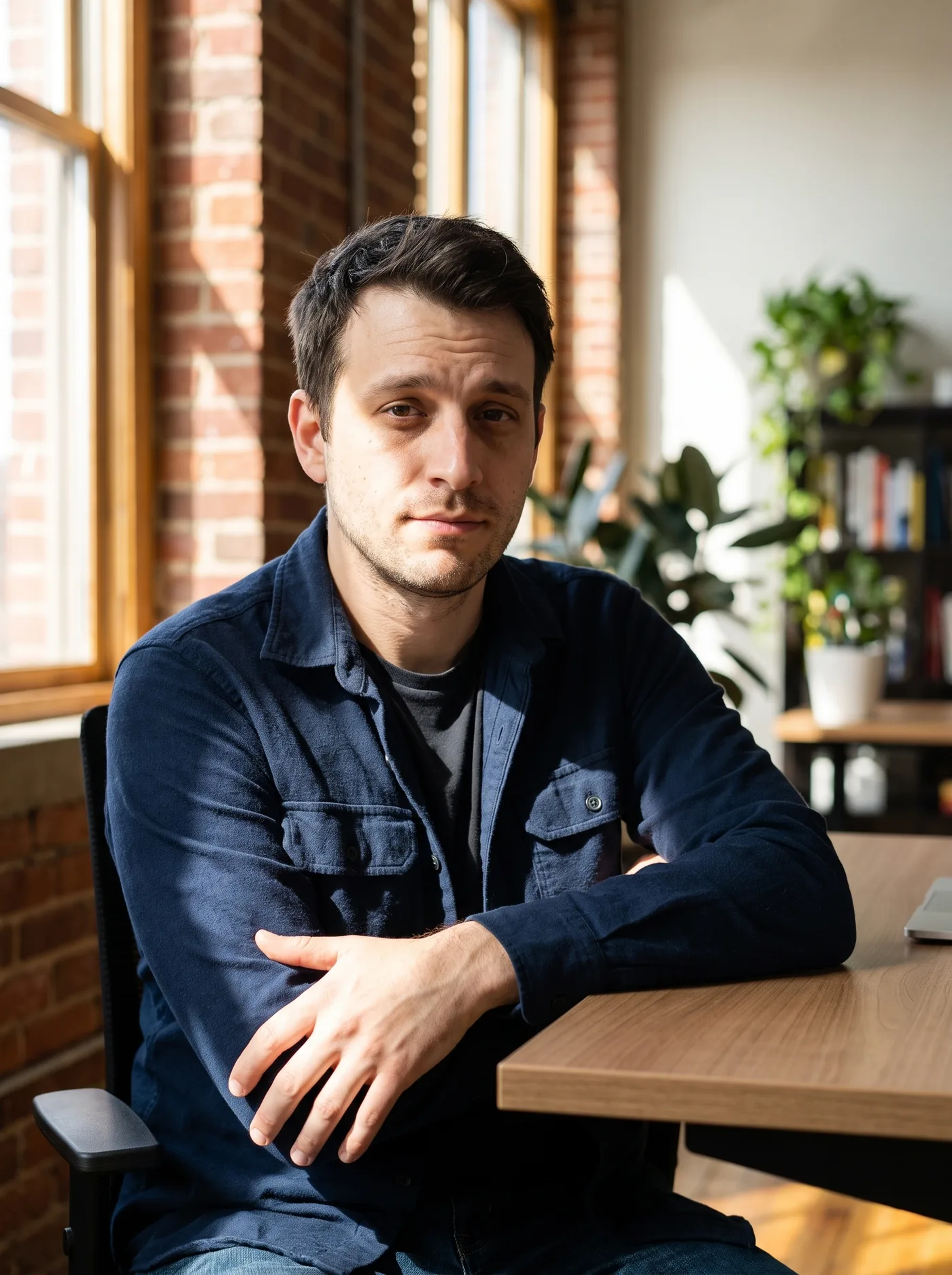 AI-edited editorial press portrait of the same man seated at a desk in a loft office with window light.