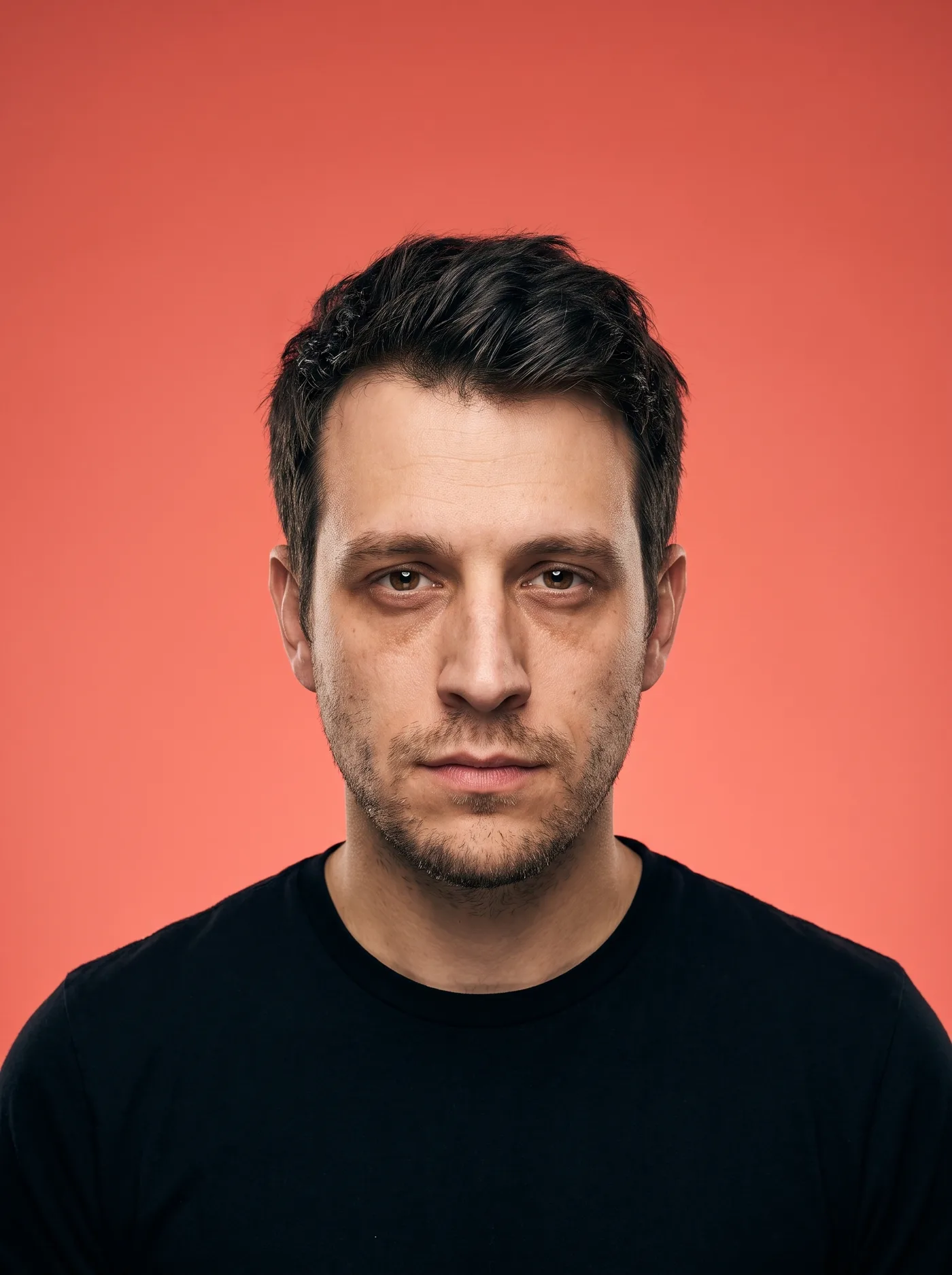 AI-edited bold studio portrait of the same man in a black t-shirt against a coral backdrop.