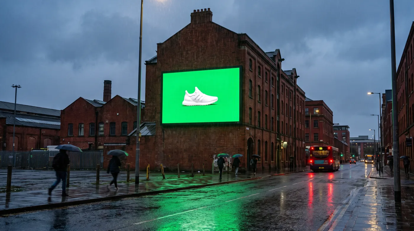 AI-generated photo of a digital billboard showing a white trainer on a green background, on a rainy red-brick Manchester street at dusk.