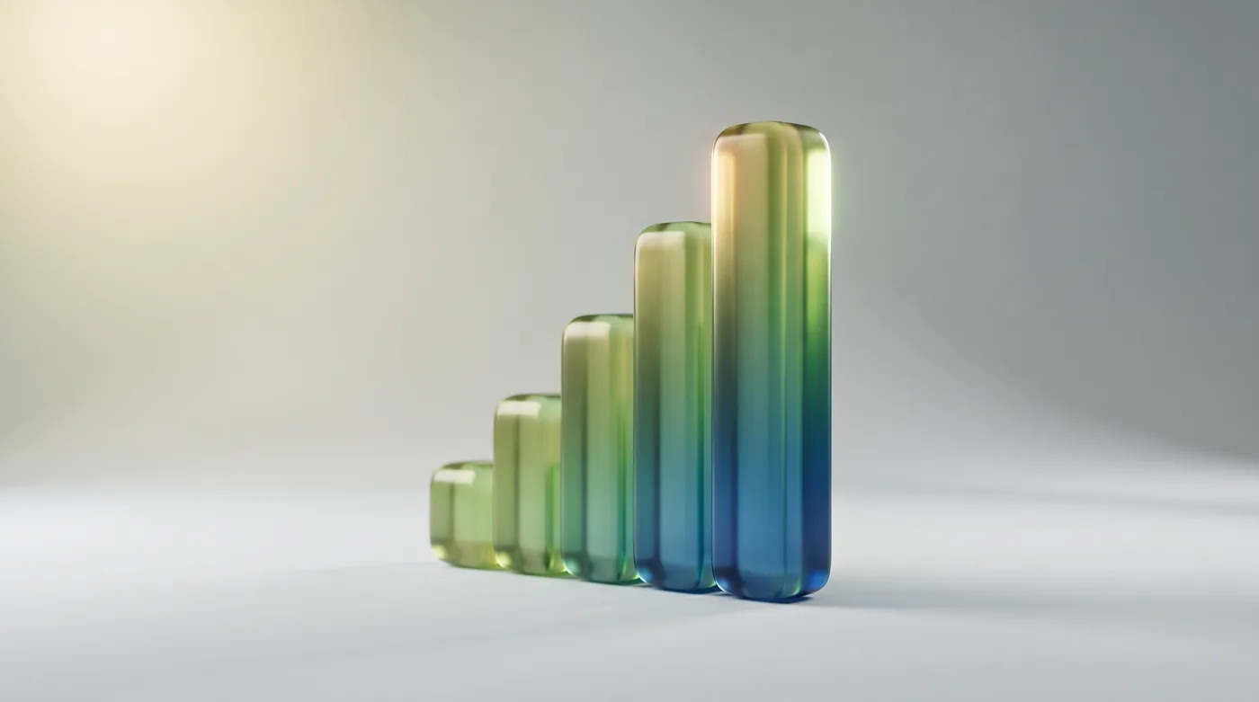 AI-generated abstract hero image of a glowing sculpture of rising rounded bars lit in green and blue on a pale studio surface.