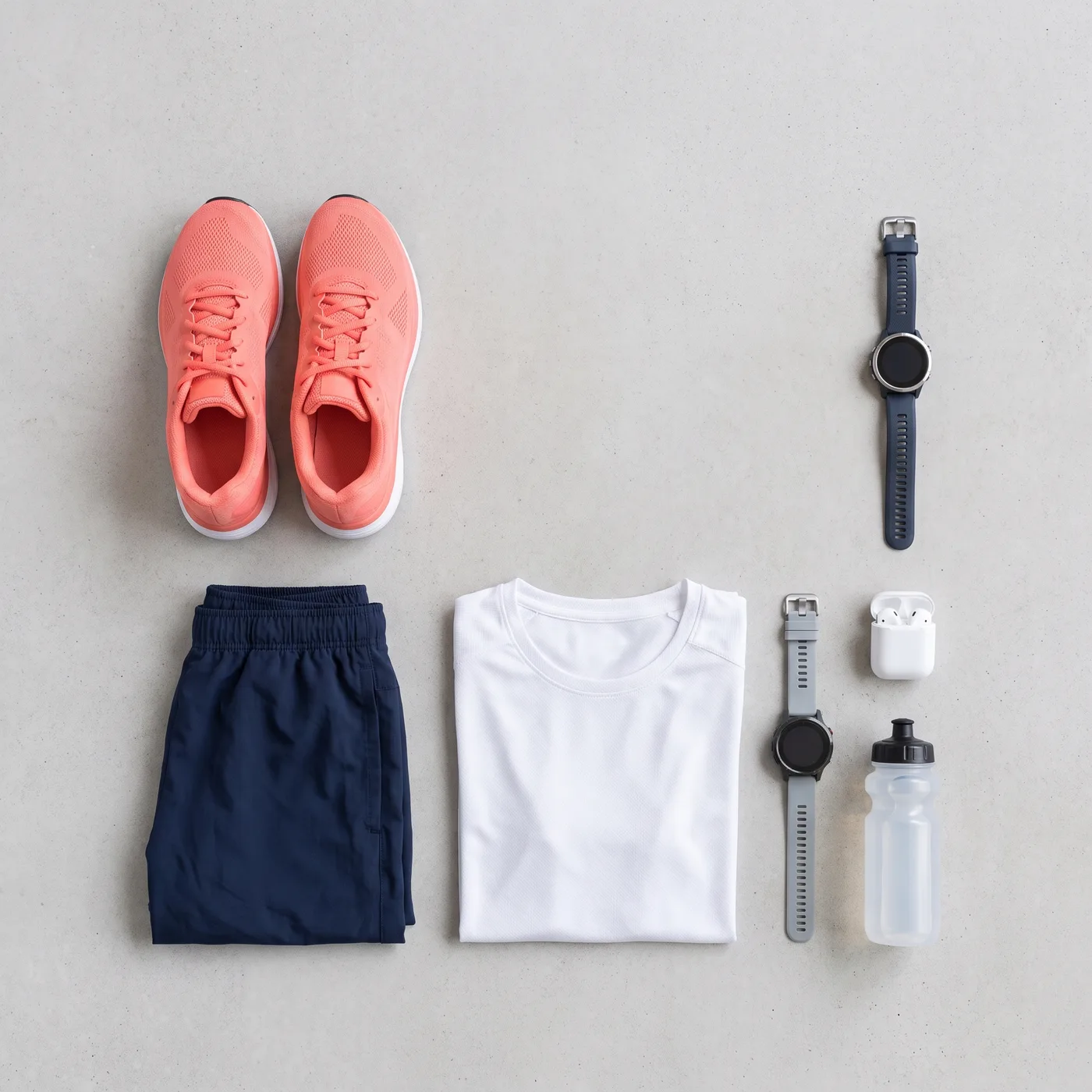 AI-generated overhead knolling flat lay of running shoes, shorts, t-shirt, watch and earbuds arranged on grey concrete.