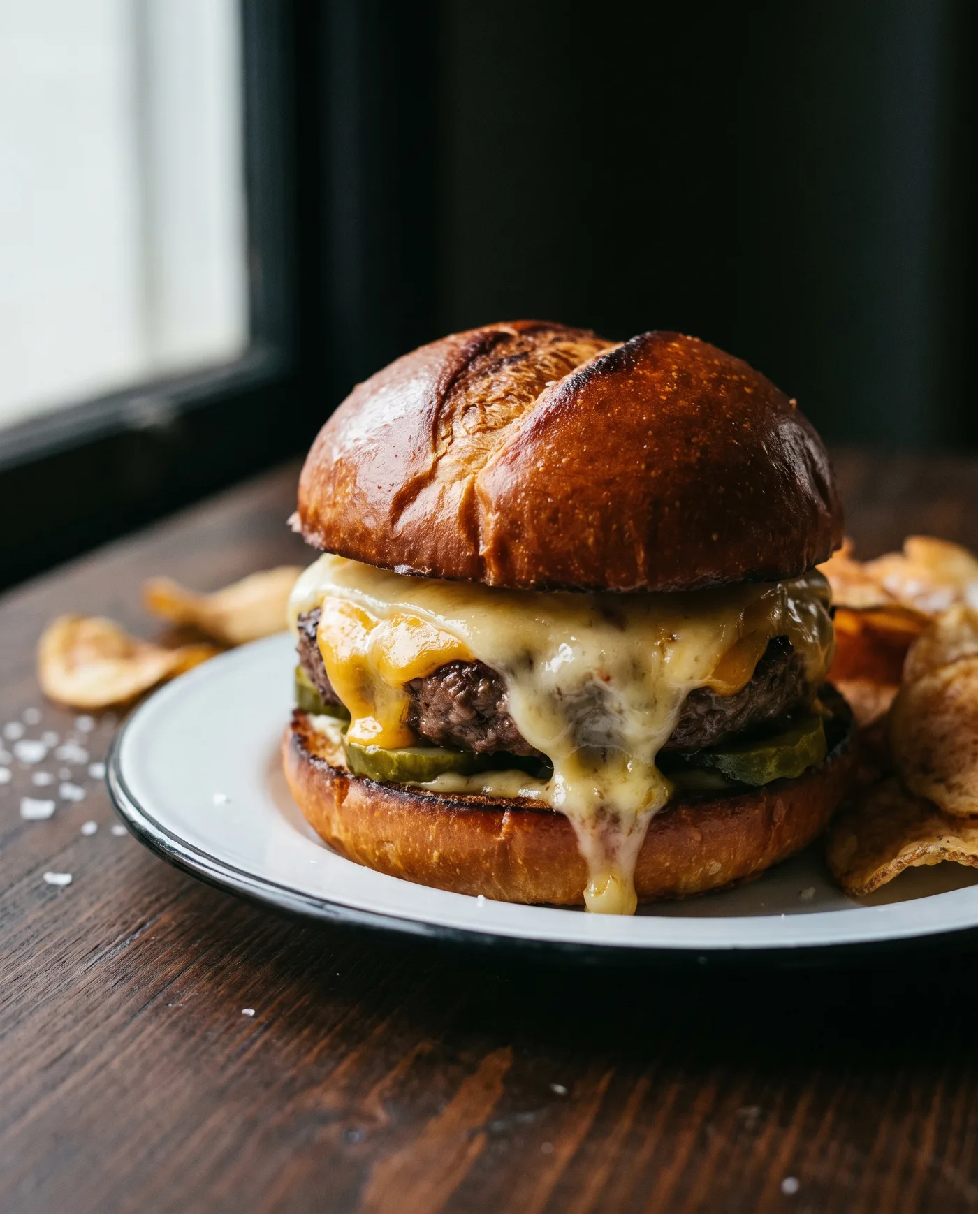 AI-generated moody restaurant photo of a stacked cheeseburger on an enamel plate with chips in soft focus behind.
