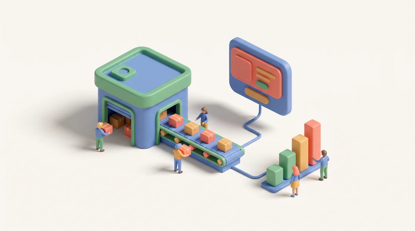 AI-generated isometric 3D illustration of a miniature e-commerce world with a warehouse, checkout screen and rising bar chart.