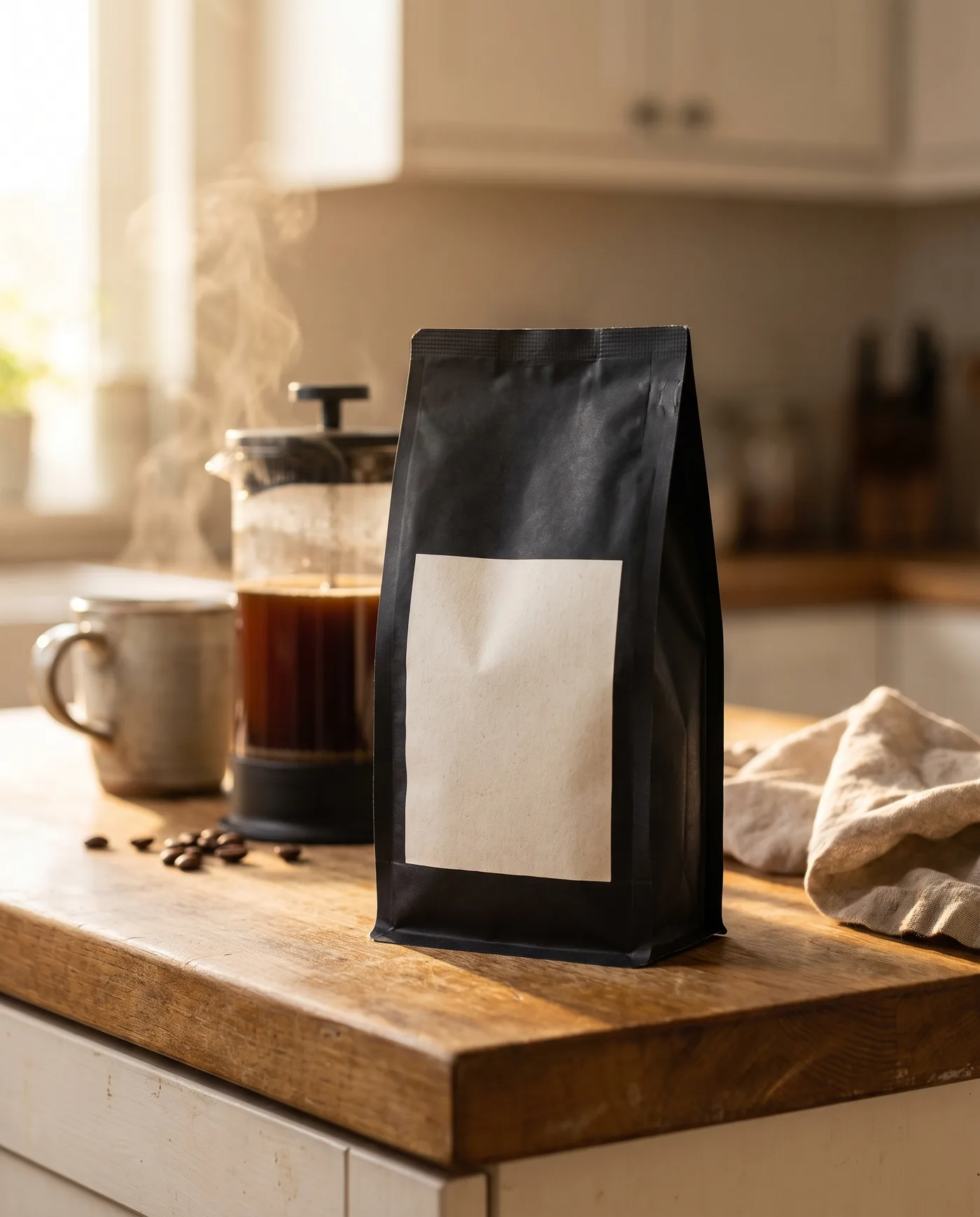 AI-generated lifestyle photo of a black coffee bag on an oak counter with steam rising from a cafetiere in morning light.