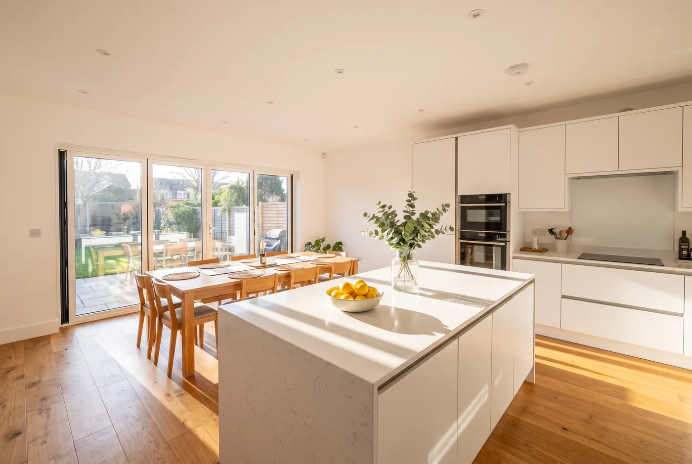 AI-generated bright estate-agency style photo of an open-plan kitchen diner with bifold doors and oak flooring.
