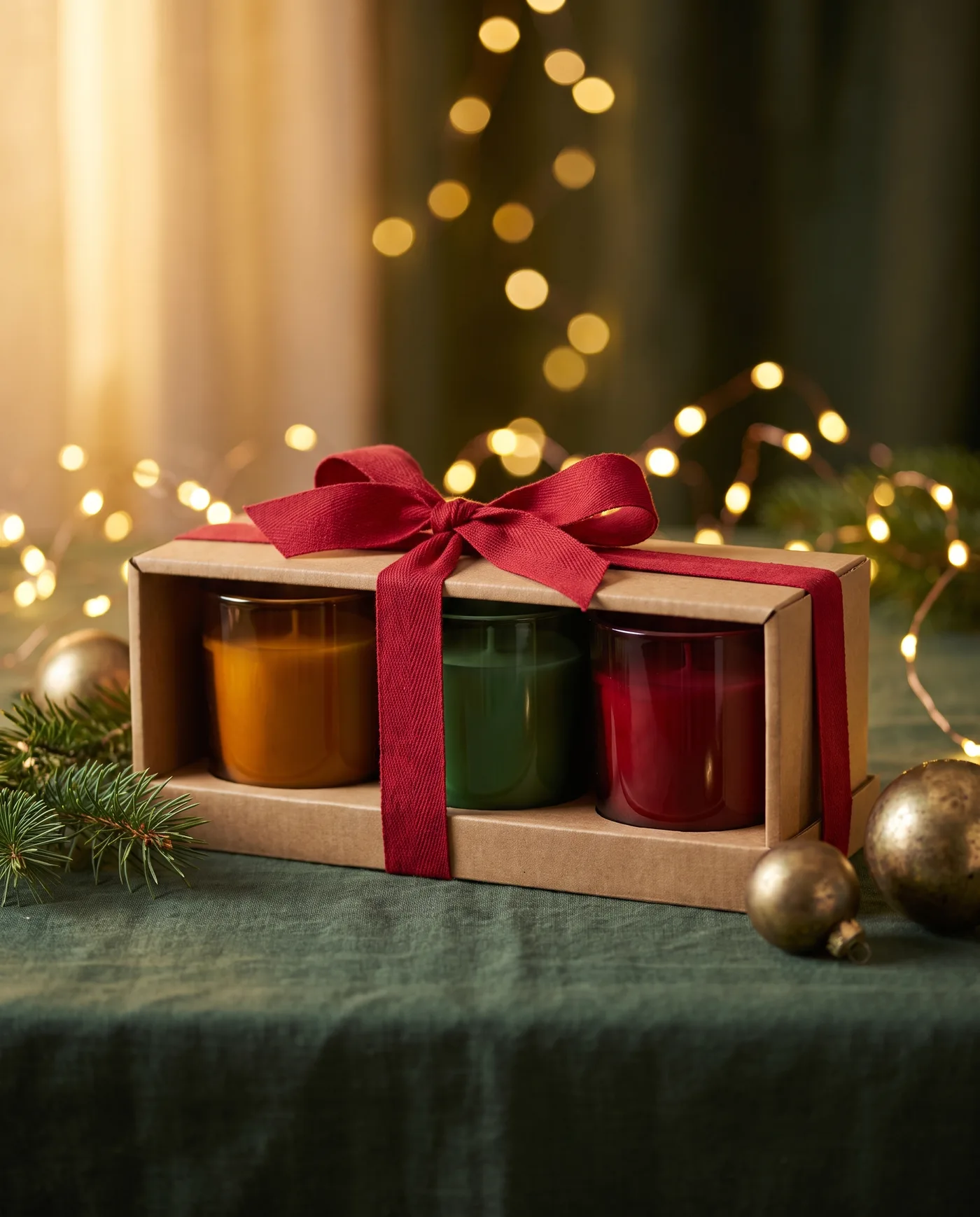 AI-generated festive photo of a candle gift set in a kraft box with red ribbon among fairy lights and pine sprigs.