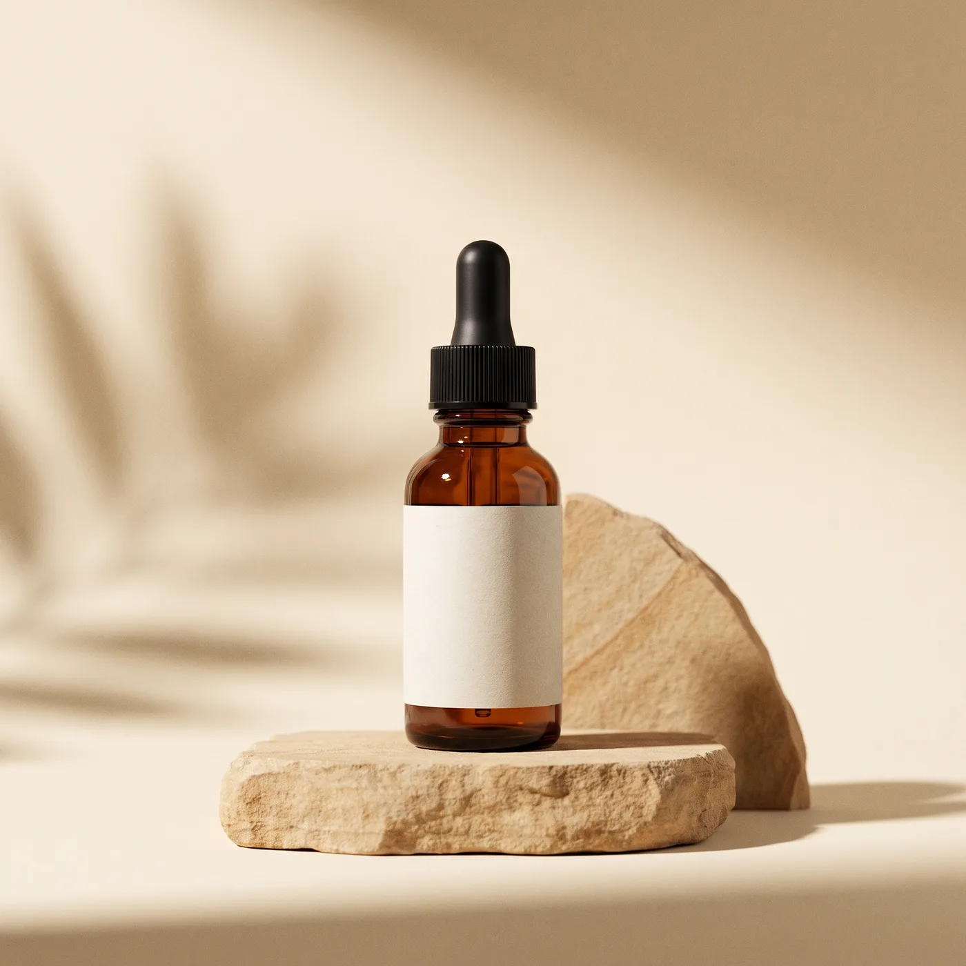 AI-generated studio product photo of an amber glass serum bottle on a sandstone plinth against a warm cream backdrop.