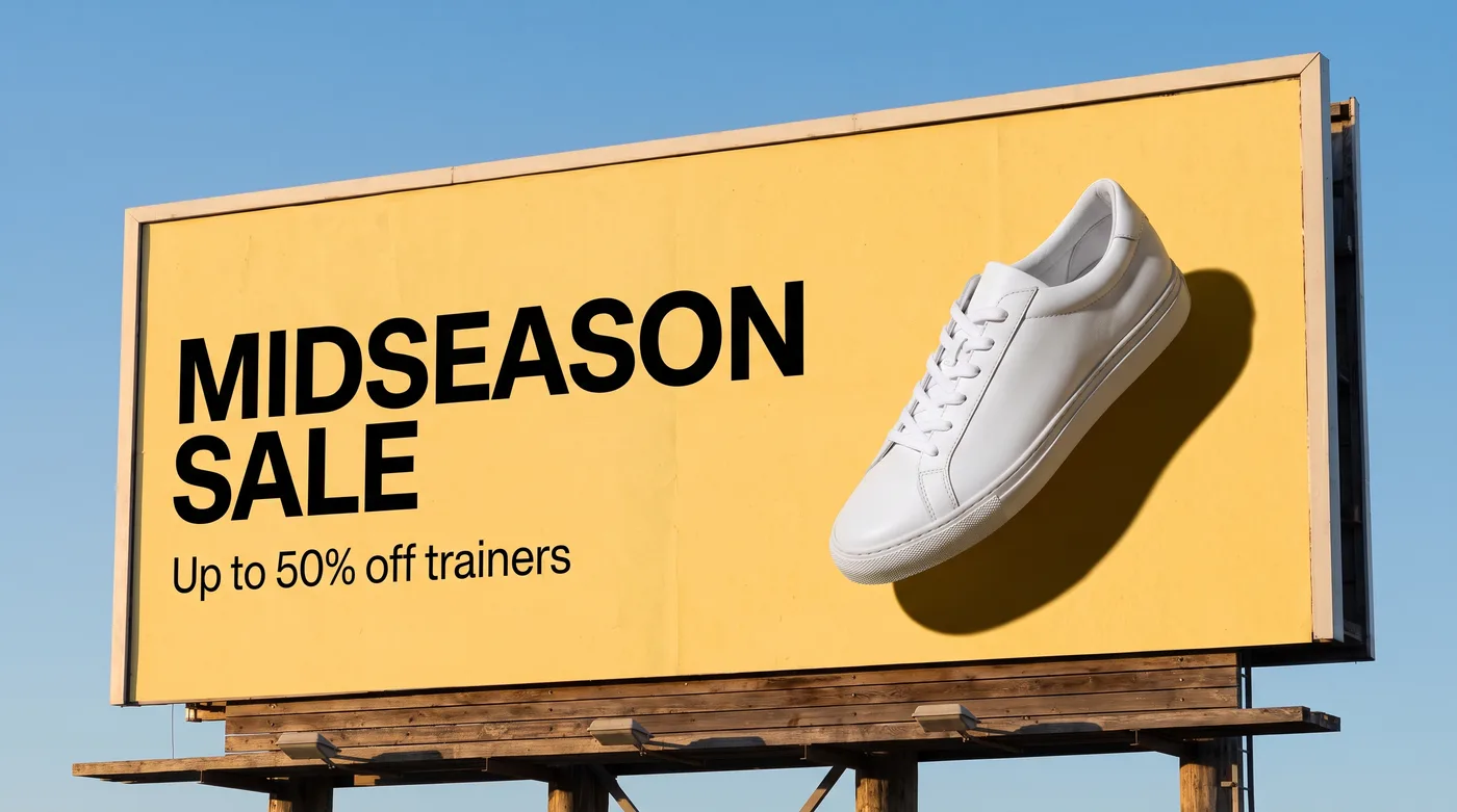 AI-generated yellow sale banner with a floating white trainer and bold text reading Midseason Sale, up to 50% off trainers.