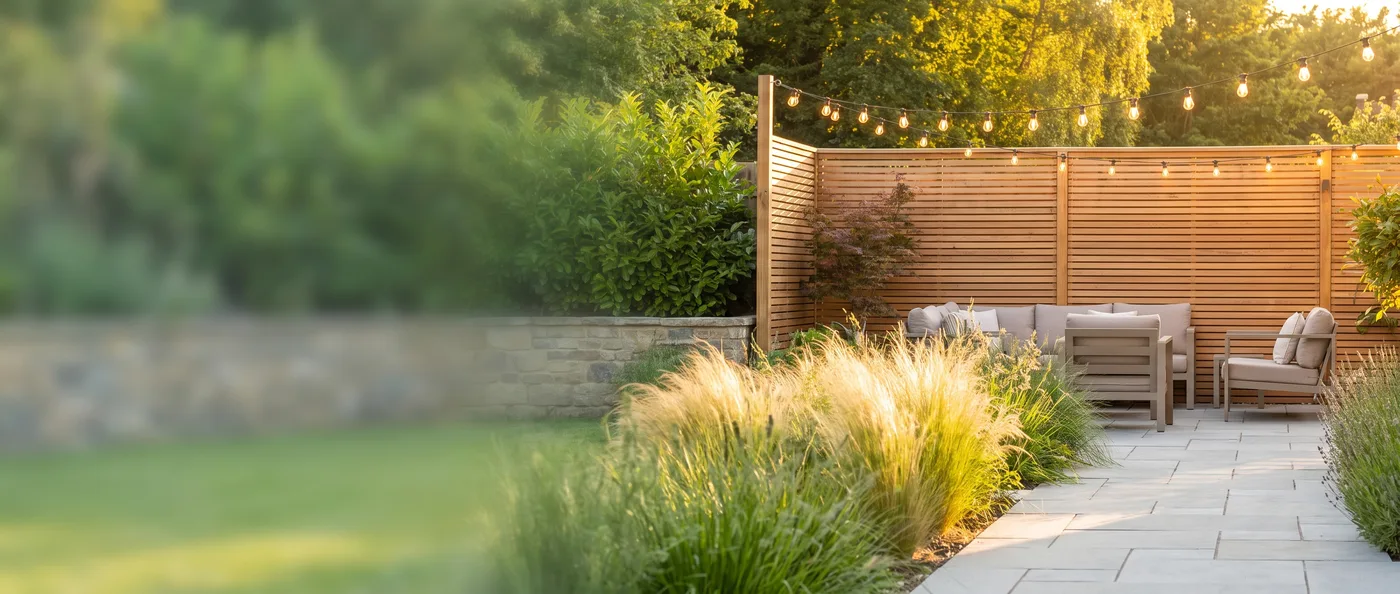 AI-generated wide hero image of a landscaped garden at golden hour with soft-focus space on the left for a headline.