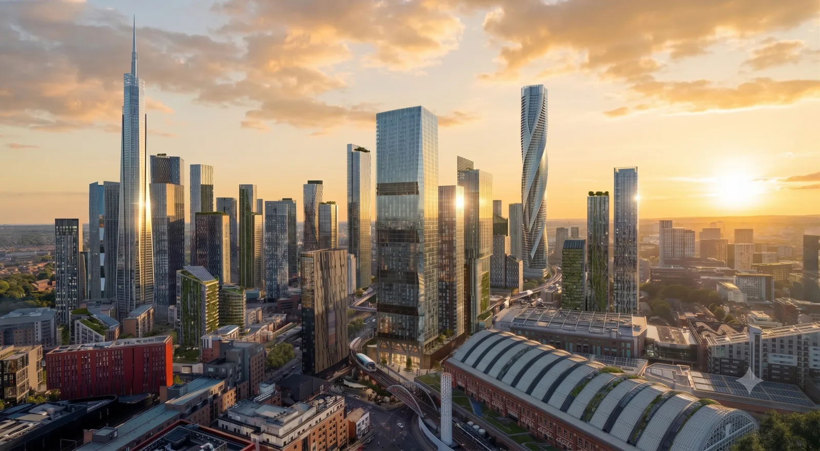 An AI-generated vision of a future Manchester skyline at golden hour, dense with tall futuristic towers, imagining the city 25 years from now.