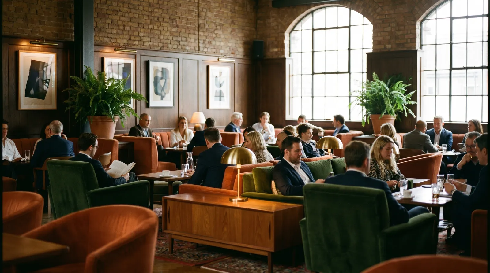 A warm, stylish private members club lounge with mid-century furniture, exposed brick, plants and a relaxed creative crowd.
