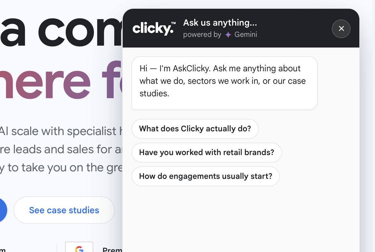 AskClicky chat panel on clicky.co.uk
