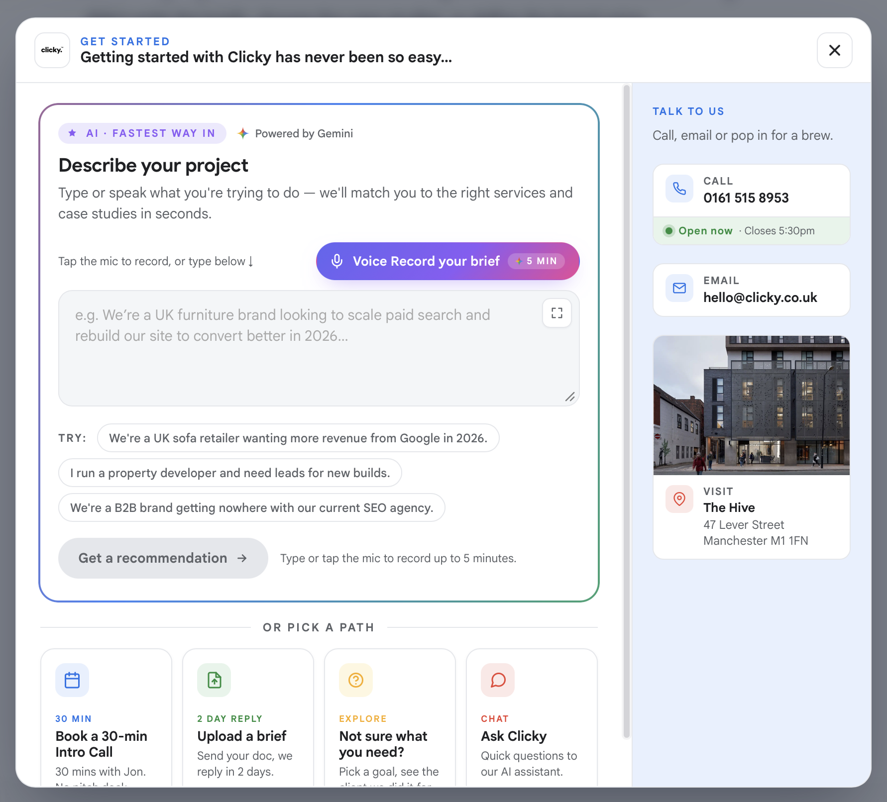 Get Started Describe your project tool on clicky.co.uk