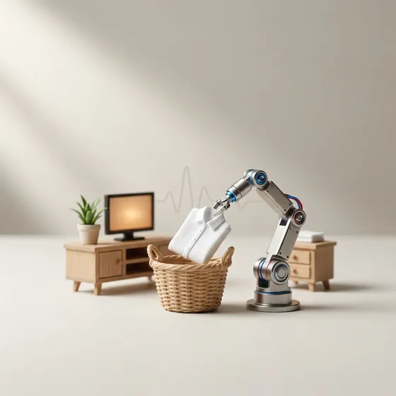 January 2026 Clicky Wrap cover: a miniature diorama of a small robotic arm folding laundry, off-white studio styling with Clicky-palette glints.