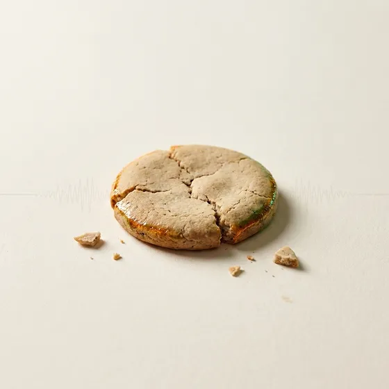 April 2026 Clicky Wrap cover: a single cracked ceramic cookie with scattered fragments on an off-white surface, catching Clicky amber and green light.